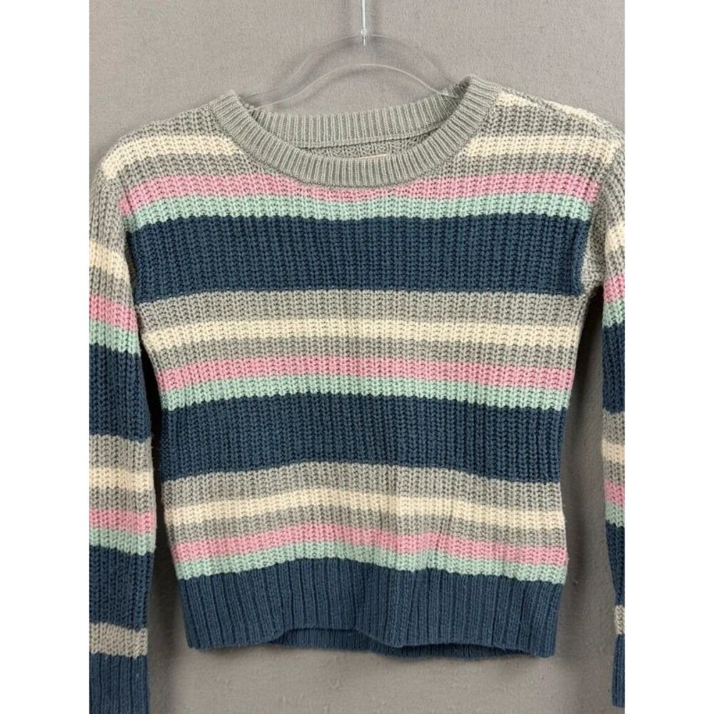SO Girls M 8 Cropped Striped Chunky Knit Sweater Pastel Pink Mint Navy